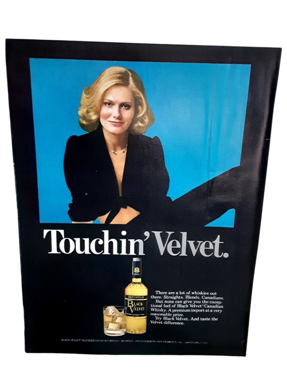 1978 Black Velvet Canadian Whisky Vintage Print Ad Touchin' Velvet